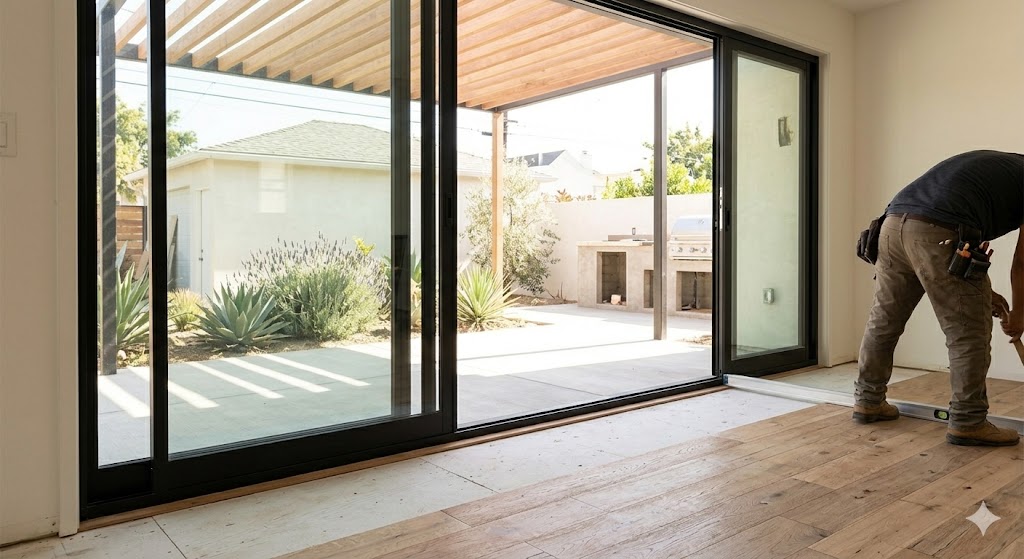 View of a modern indoor-outdoor transition remodel in an LA home, focusing on a contractor installing new black-framed sliding glass doors.